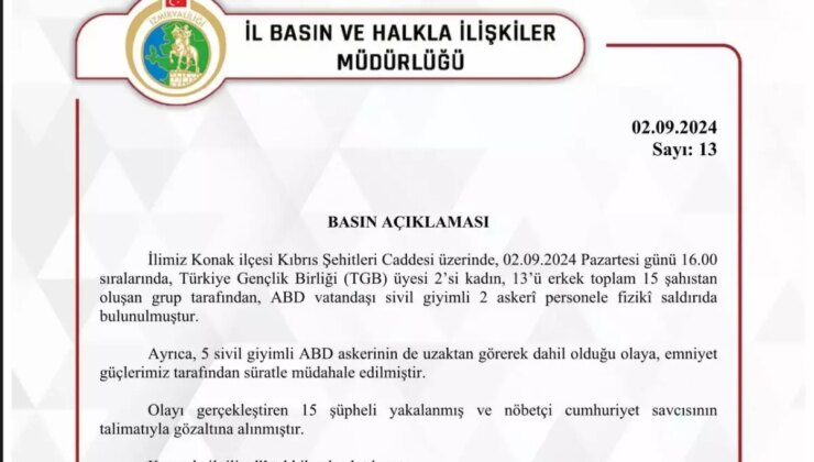 İzmir’de ABD Askerinin Başına Çuval Geçirilmesine Ait Valilikten Açıklama